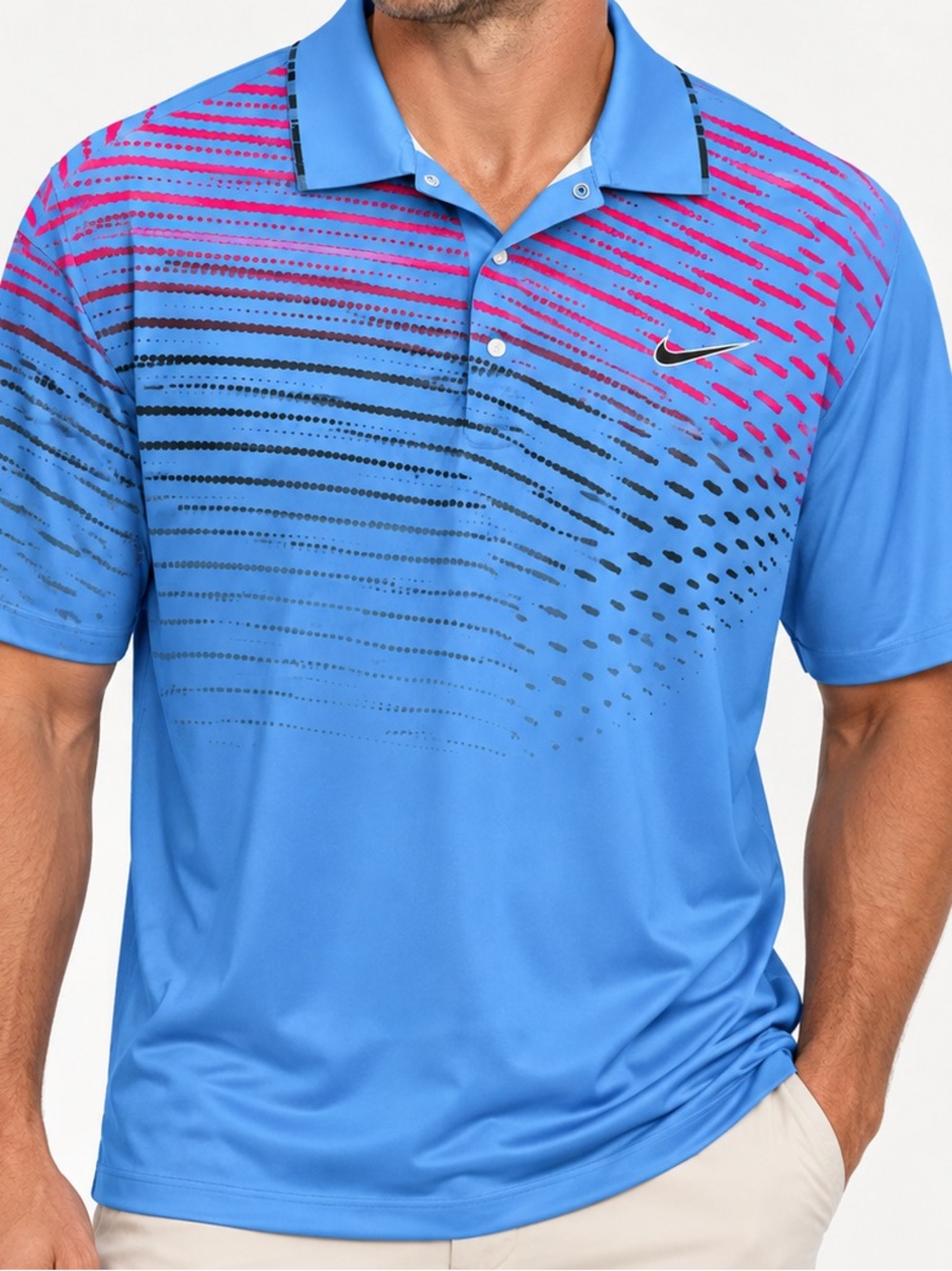 Nike Men’s Bright Blue Polo with Pink and Black Graphic